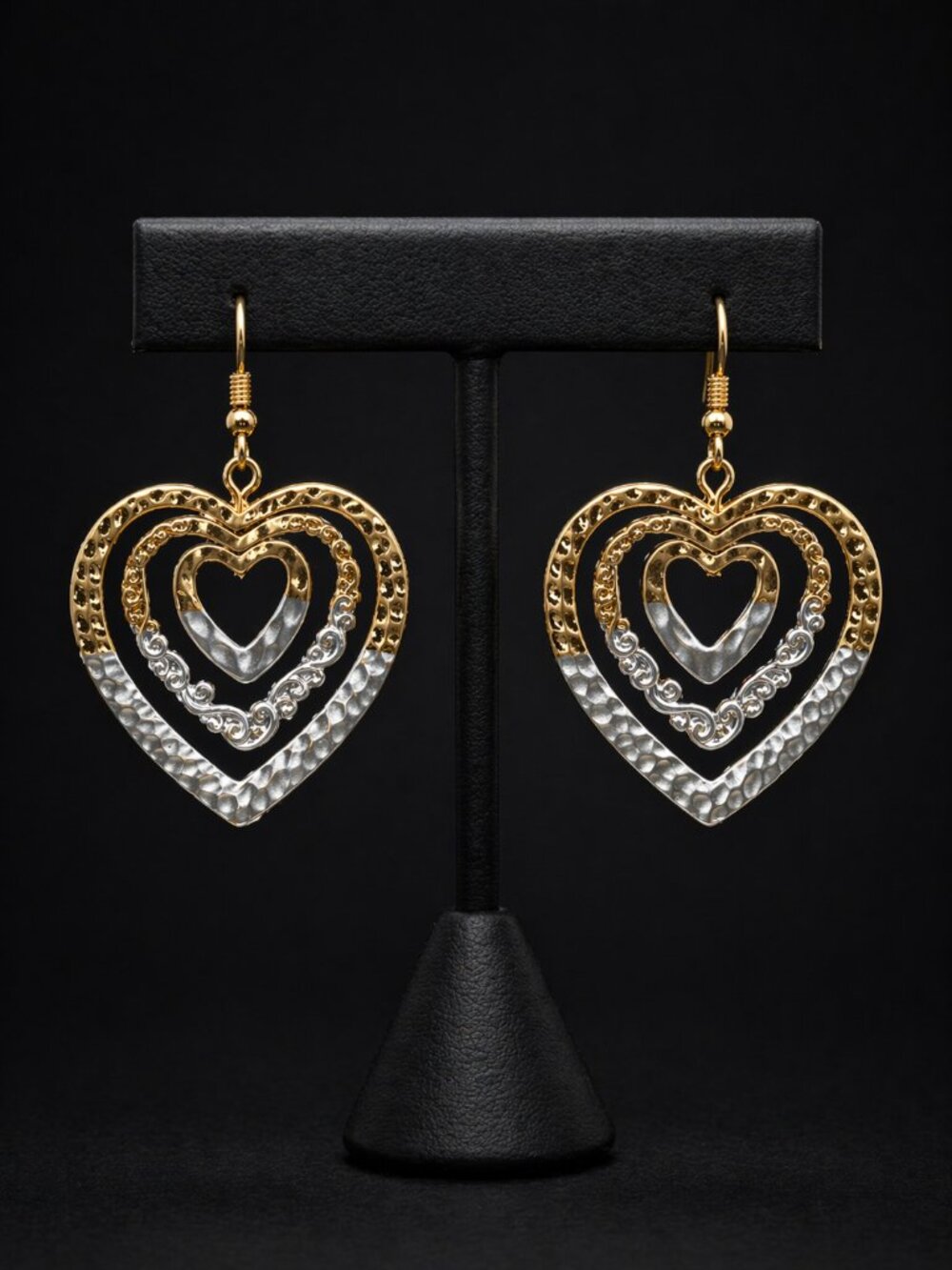 Two-Tone Layered Heart Drop Earrings - Picture 5 of 5
